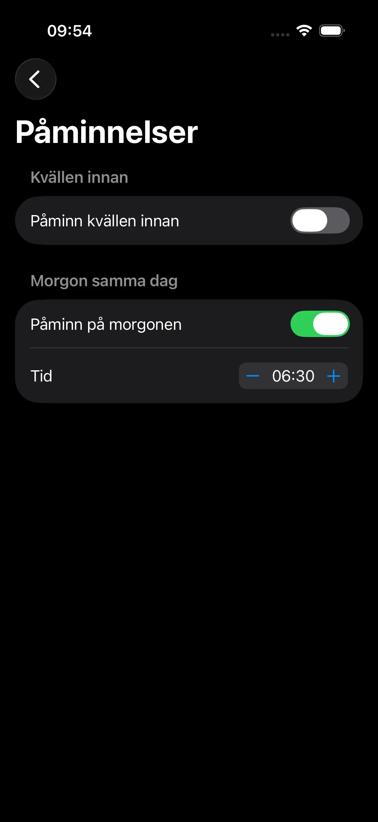 Inställningar för påminnelsetider