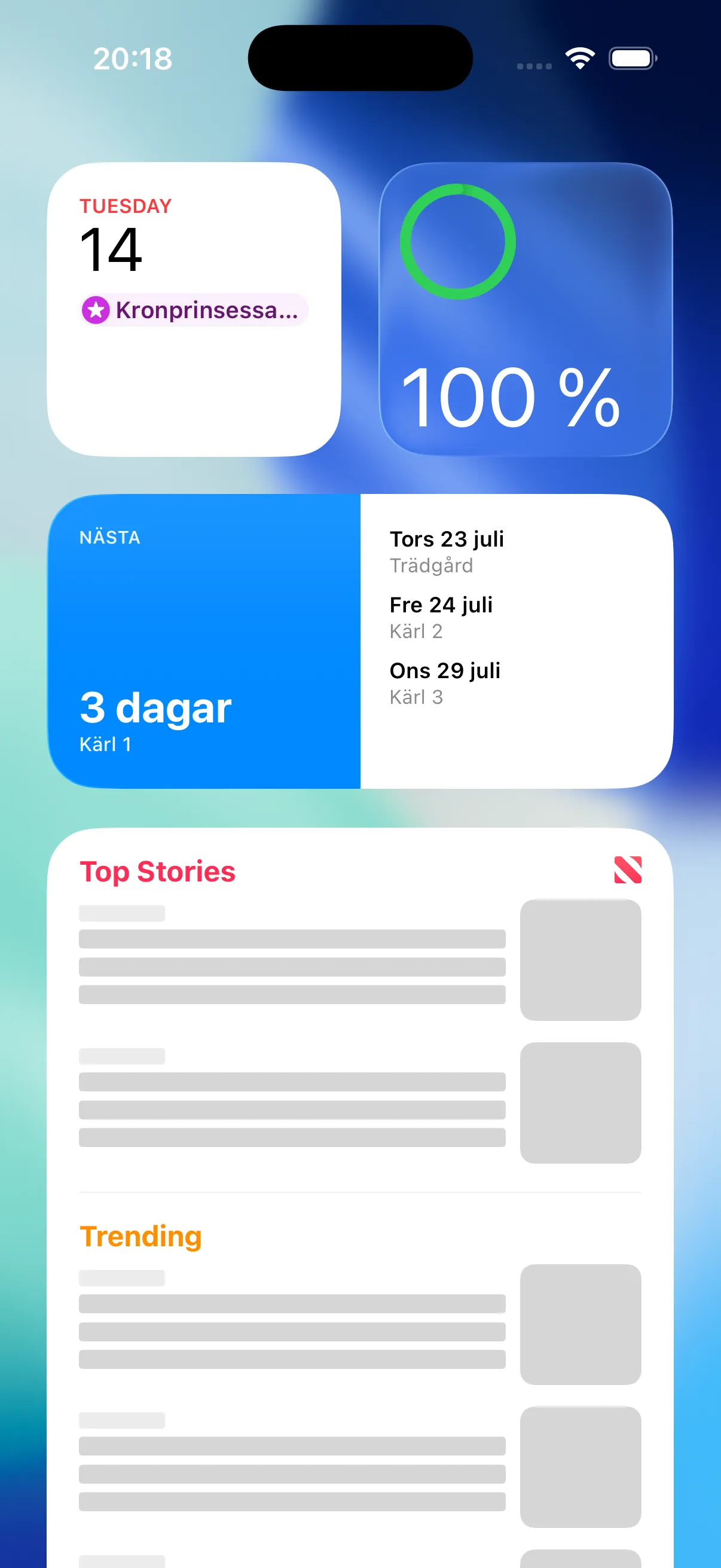 Widgets på hemskärmen som visar nästa hämtning
